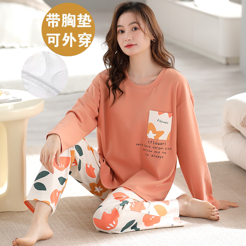 Pajamas with Breast Pads for Women, Spring and Autum, Pure Cotton, Long-Sleeved, Large Size, Loose, Autum and Winter Style, Students Can Wear Outside, Home Wear Set Pajamas with Breast Pads for Women, Spring and Autum, Pure Cotton, Long-Sleeved, Large Size, Loose, Autum and Winter Style, Students Can Wear Outside, Home Wear Set
