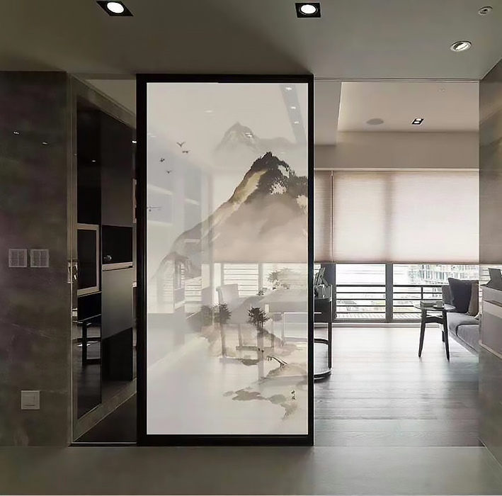Custom-made wire safety glass partition porch screen double-layer tempered silk clip painting silk art black and white landscape