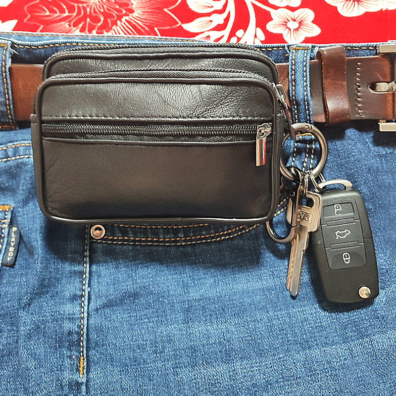 Buy one get one free sheepskin wear belt small pocket men three zipper put cigarette coin purse leather bag middle-aged wallet