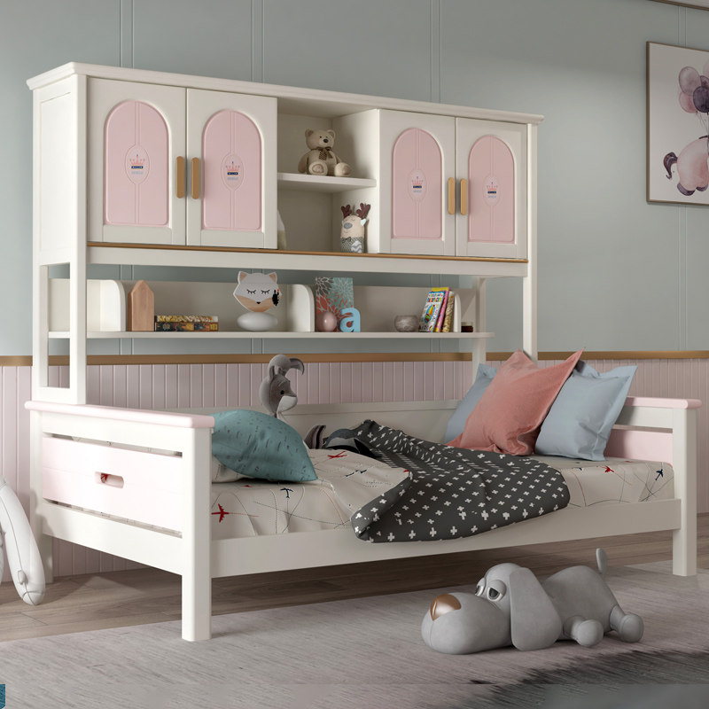 Solid wood wardrobe bed one girl pink princess bed simple modern small apartment bookshelf bed children's suite furniture