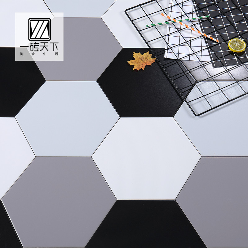 Nordic black and white gray hexagonal brick 250290 kitchen powder room non-slip floor tile balcony living room dining room background wall brick
