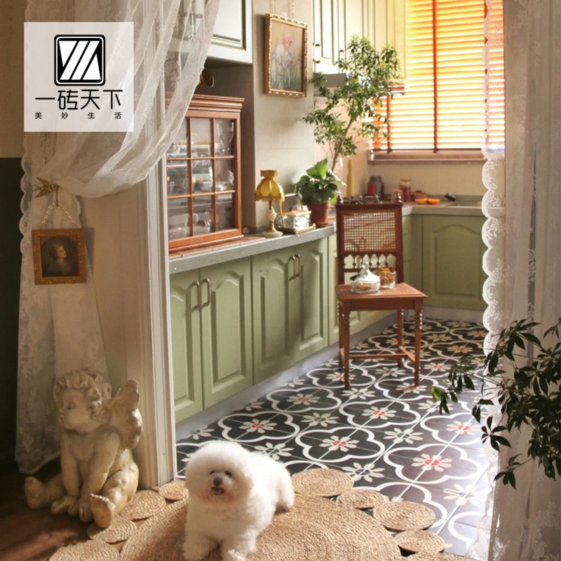 Nordic retro black and white small flower brick homestay tile dining room kitchen floor tile balcony powder room chain hotel wall tile