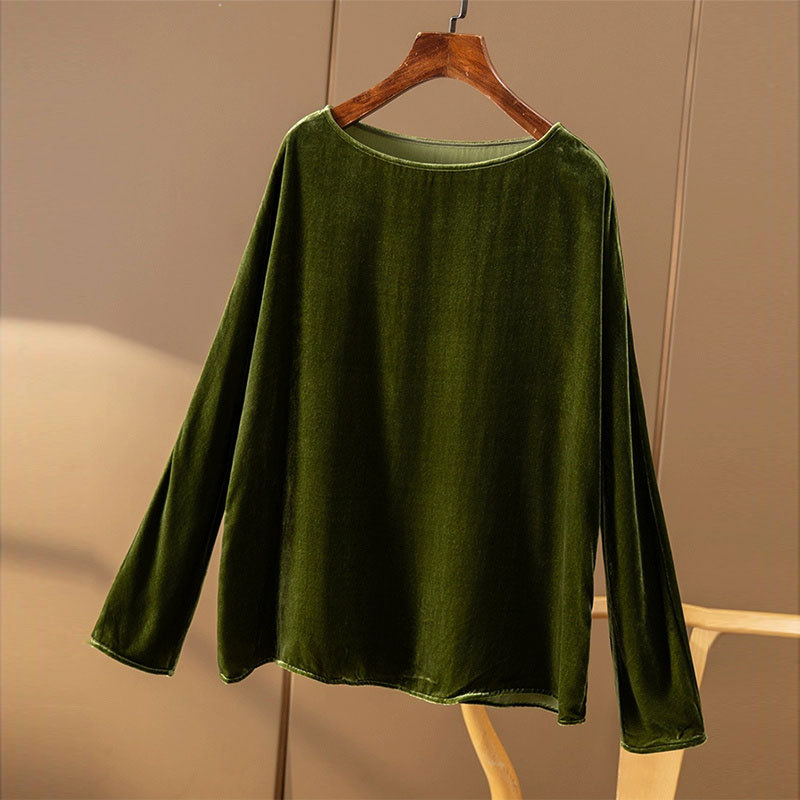 Elegant and Sophisticated! French-Style Silk Velvet Shirt with Ribbon, Stylish Boat Neck, Long Sleeves, Loose Fit, Straight-Cut Mulberry Silk Elegant and Sophisticated! French-Style Silk Velvet Shirt with Ribbon, Stylish Boat Neck, Long Sleeves, Loose Fit, Straight-Cut Mulberry Silk