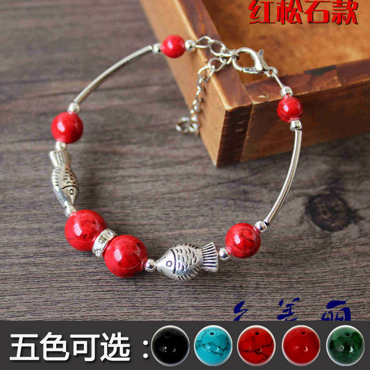 Manufacturer direct sales Yunnan ethnic wind ornaments accessories Tibetan silver hidden decoration pine stone small fish handmade style multiple QSL036