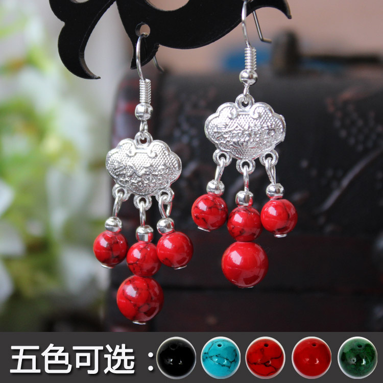 Retro Tibetan silver jewelry earrings Yunnan ethnic style characteristic Miao silver earrings long life lock color stone earrings R163