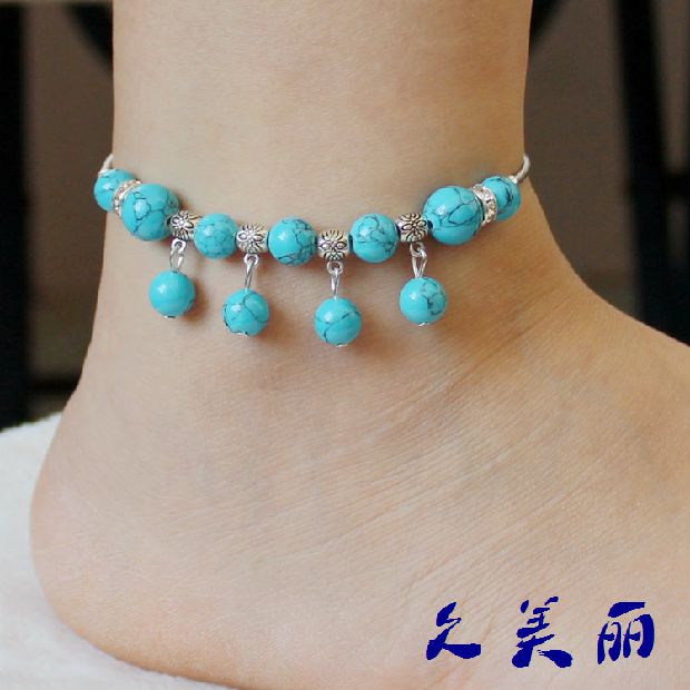 Nhà máy trực tiếp Vân Nam Tây Tạng trang sức chân Tây Tạng bạc Tây Tạng đồ trang sức đá ngọc lam hạt vòng chân biểu diễn múa JL020 - Vòng chân vòng chân titin ko gỉ