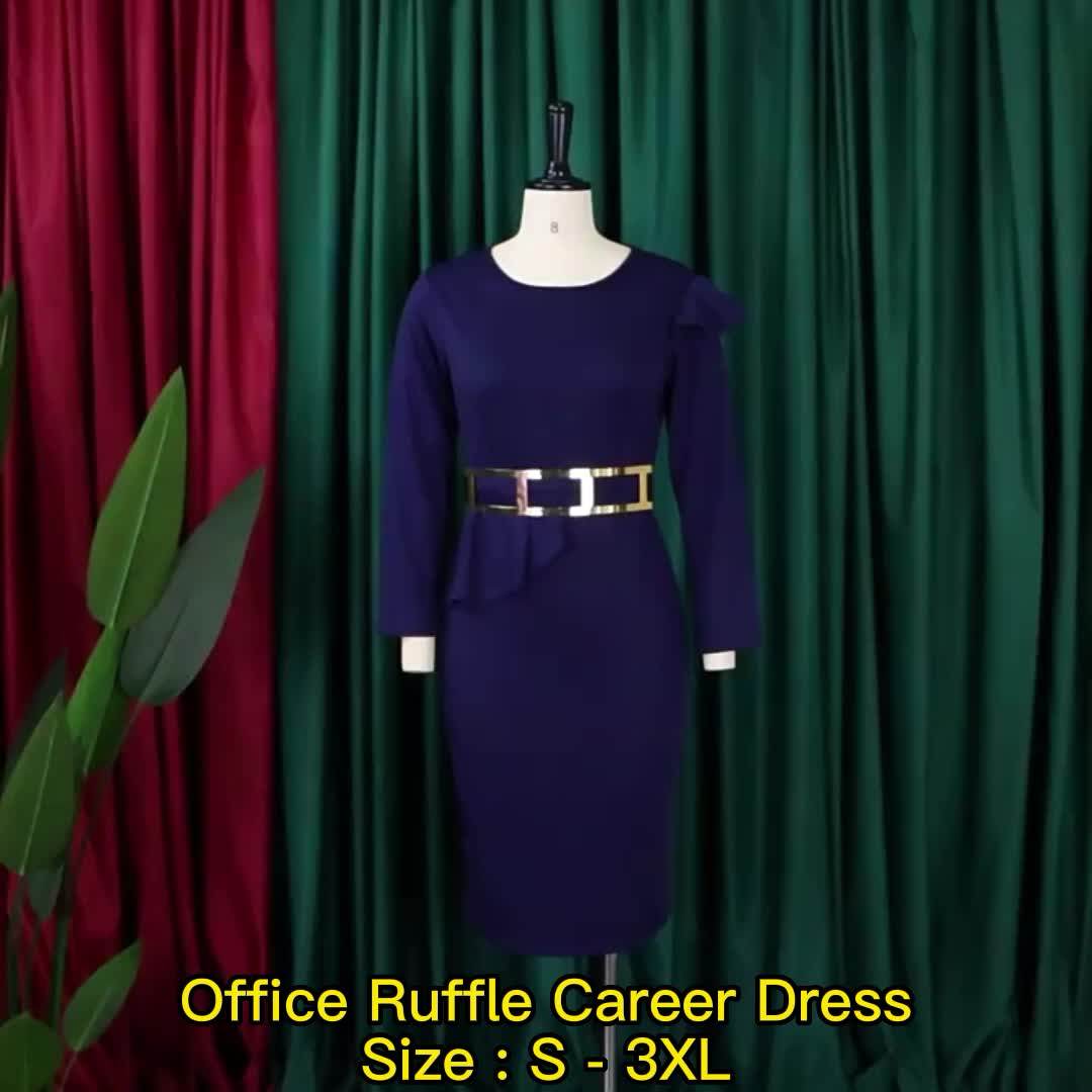 D036 High Quality Long Sleeve Ruffle Navy Blue Dresses Women Career
