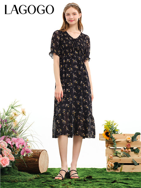 Lagogo French-Style Polka Dot Floral Dress for Women, Summer New Elegant V-Neck Chiffon A-Line Midi Dress