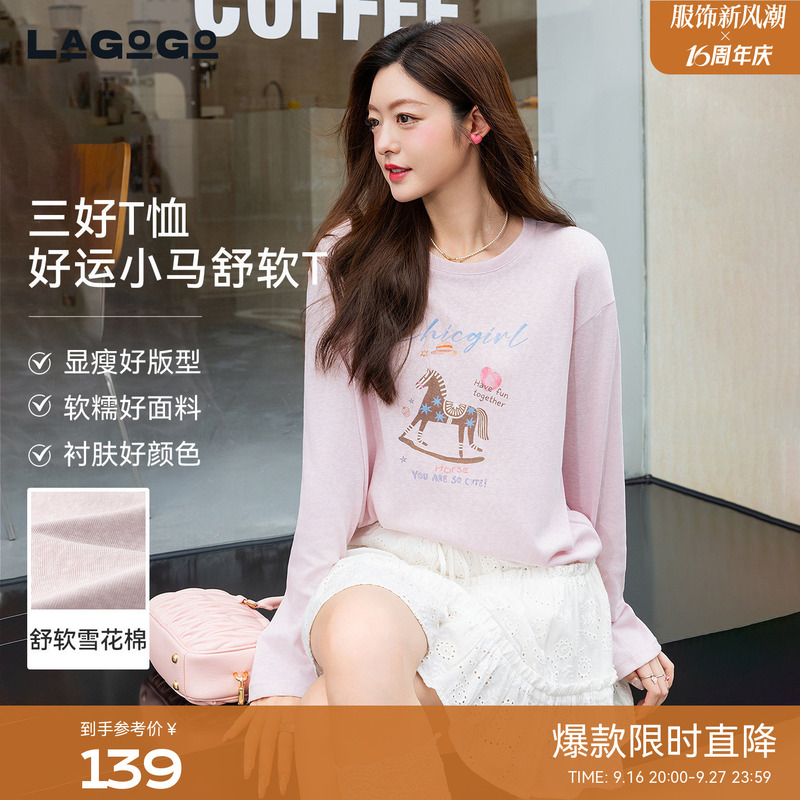 Lagogo Dreamy Childhood Snowflake Cotton Long Sleeve T-Shirt for Women, Lagugu 2026 Autumn New Pink Blouse Top