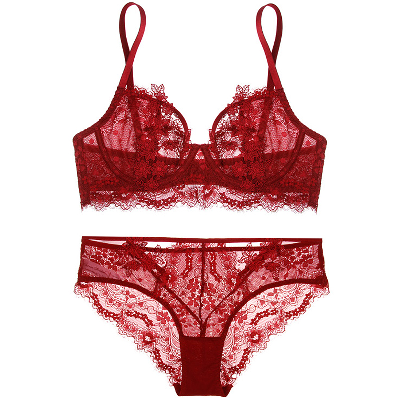 Women's sexy big breasts show small ultra-thin see-through lace bra set French transparent temptation bra large size underwear