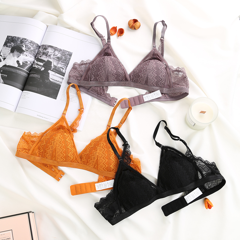 Triangle cup underwear Sexy lace no rim thin underwear French girl big chest show small bra Comfortable bra