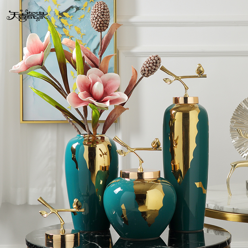Light vase key-2 luxury furnishing articles American household dry flower, flower decoration of new Chinese style living room TV ark, ceramic European - style ornaments