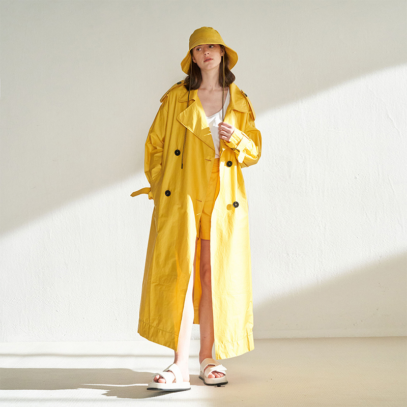 Cuisuyun Independent Designer Outdoor Series Bright Yellow Coated Fabric Silhouette Mid-Length Trench Coat