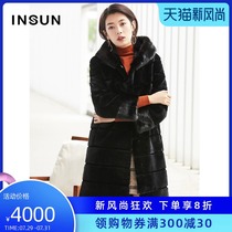 INSUN elegant temperament lapel warm thickened rabbit fur medium long fur coat jacket