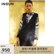 Enshang shopping mall same three acetate loose print stitching fake two-piece dress