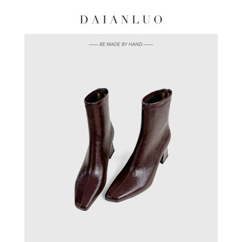 Retro genuine leather slim boots square toe slimming autumn and winter new high heel short boots thick heel elastic boots