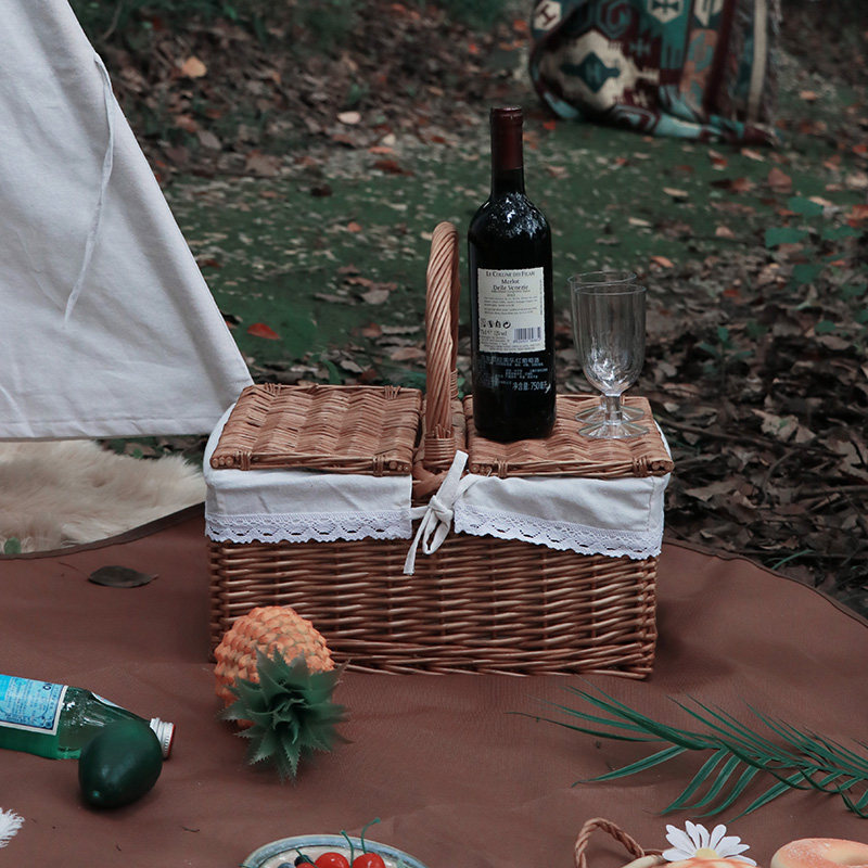 Rectangular Portable Picnic Basket Rattan Covered Storage Basket Outdoor Photo Fruit Basket Including Net Red Willow Weaving Basket