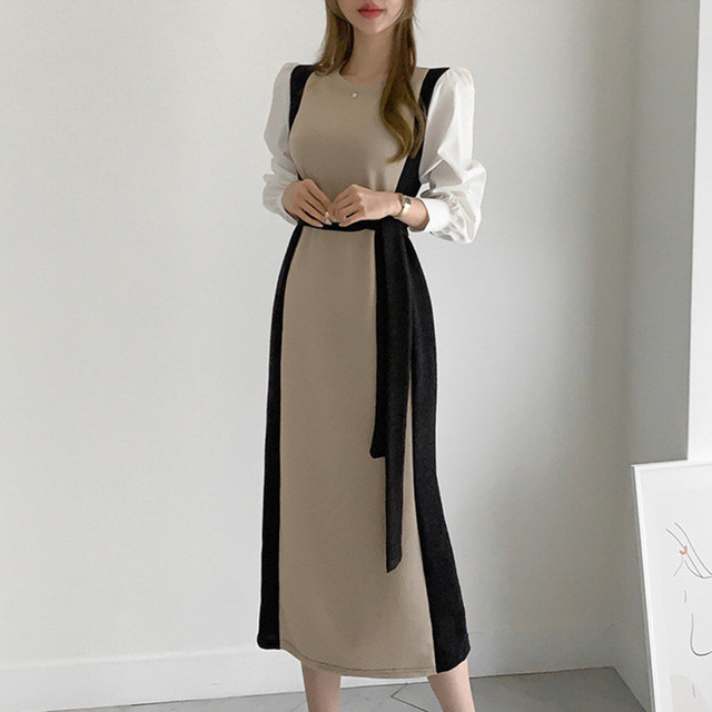 Korean chic retro color-blocking knitted dress autumn new 2022 foreign style design sense slim lace-up dress women