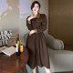 Temperament Royal Sister Fan Dress Autumn New 2022 High-quality Leather Spell Receiving Waist Thin Breasted Mid-Length Skirt Women