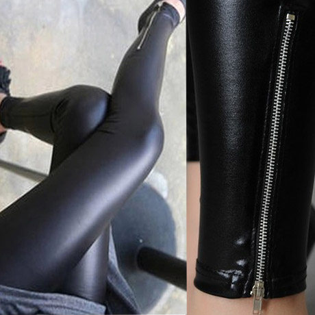 Gold suede Korean version of the new large size black sub-light imitation leather pants breaking hole imitation leather high waist sexy inner lap pants female long pants