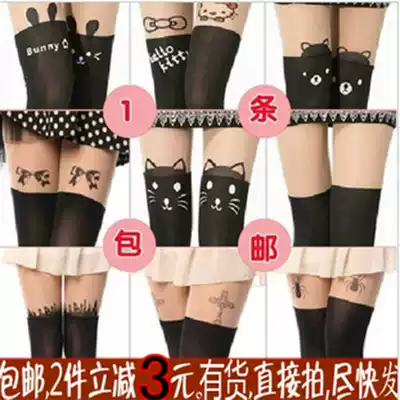 Japanese splicing fake high tube over the knee cartoon fake tattoo socks thigh panties cat love spring stockings