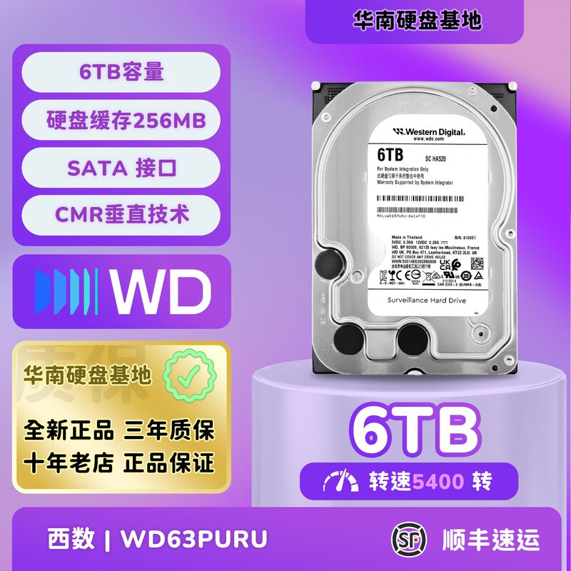 Wd/Western Digital Wd63Puru 6Tb Mechanical Hard Drive Purple Disk Hikvision Surveillance Desktop Hard Drive 3.5 Inch 256m