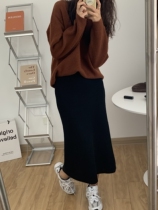 A Little Orange autumn and winter new black thickened rabbit wool knitted skirt elastic waist thin A-line skirt