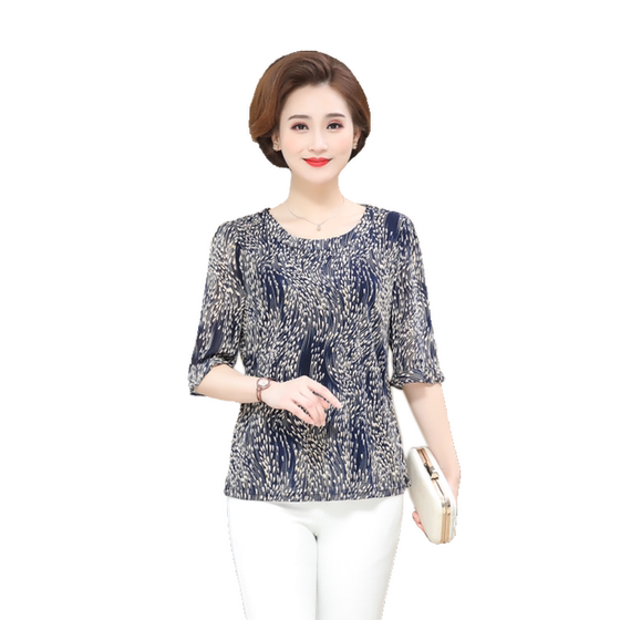 Middle-aged women's spring dress foreign style wave point three-quarter sleeve bottoming shirt mother summer plus fat plus size chiffon shirt top