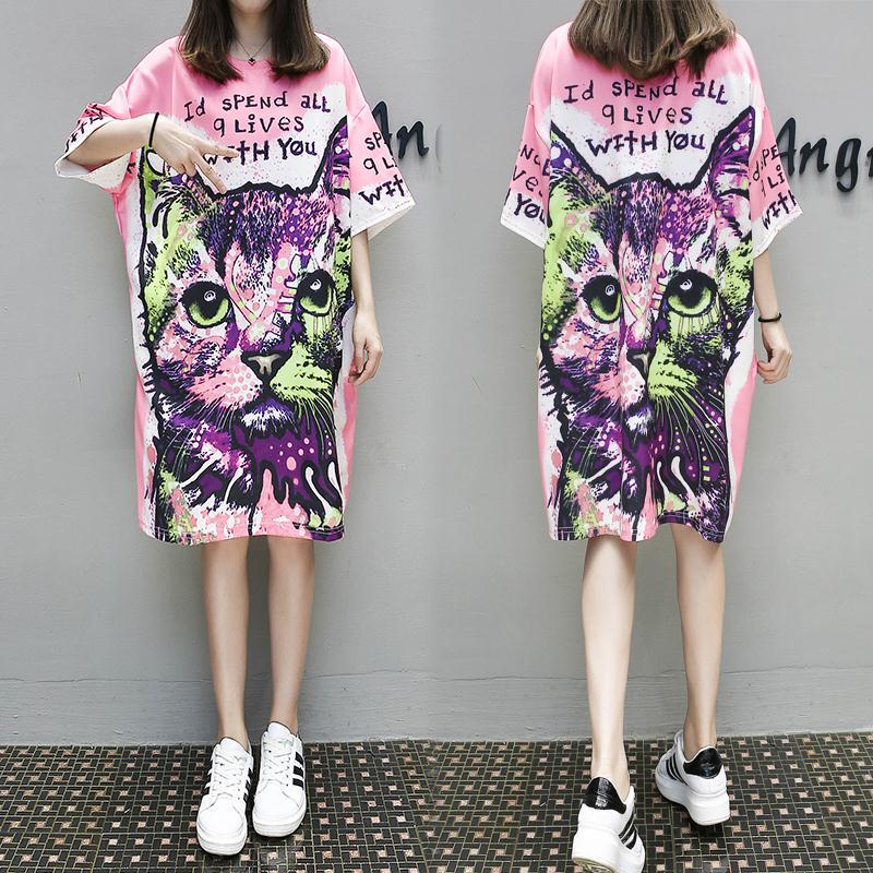 Hong Kong Women's New Fashion Brand Cartoon Print Mid-Length T-Shirt Women's Short-Sleeved Loose Fat mm Dress Summer