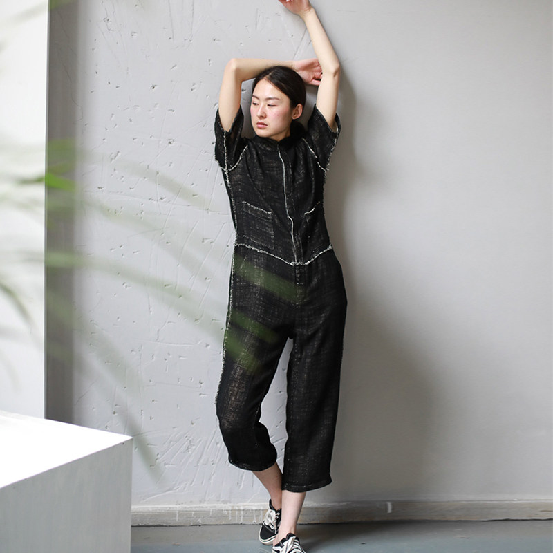 Linen colorless original design cotton and linen casual jumpsuit nine-point pants women's loose sports one-piece suit women's straight