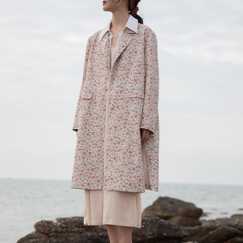 Hemp Colorless Design Small Broken Flower Cotton Linen Suit Collar Design Sensation Small Crowdboard With Long Version Of Wind Coat Jacket
