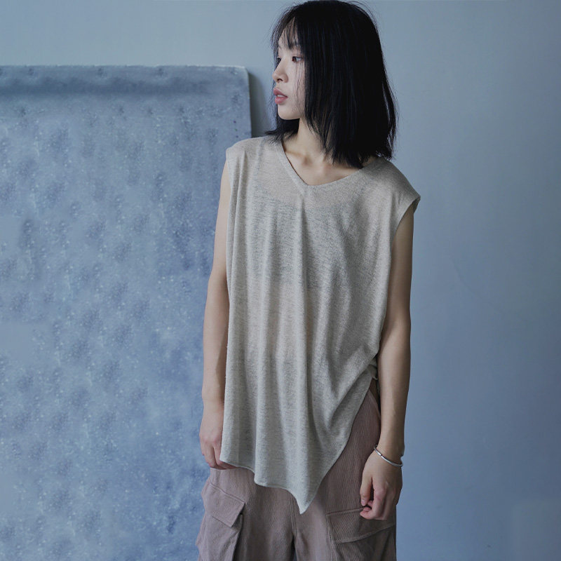 Hemp colorless original design khaki linen knitted light and transparent texture irregular bottom hem sleeveless T-shirt women's drape tide