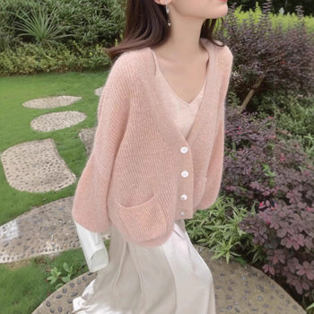 Autumn and winter warm and soft waxy knitted cardigan for women, loose and lazy off-shoulder sweater jacket for women, v-neck shawl, trendy outerwear