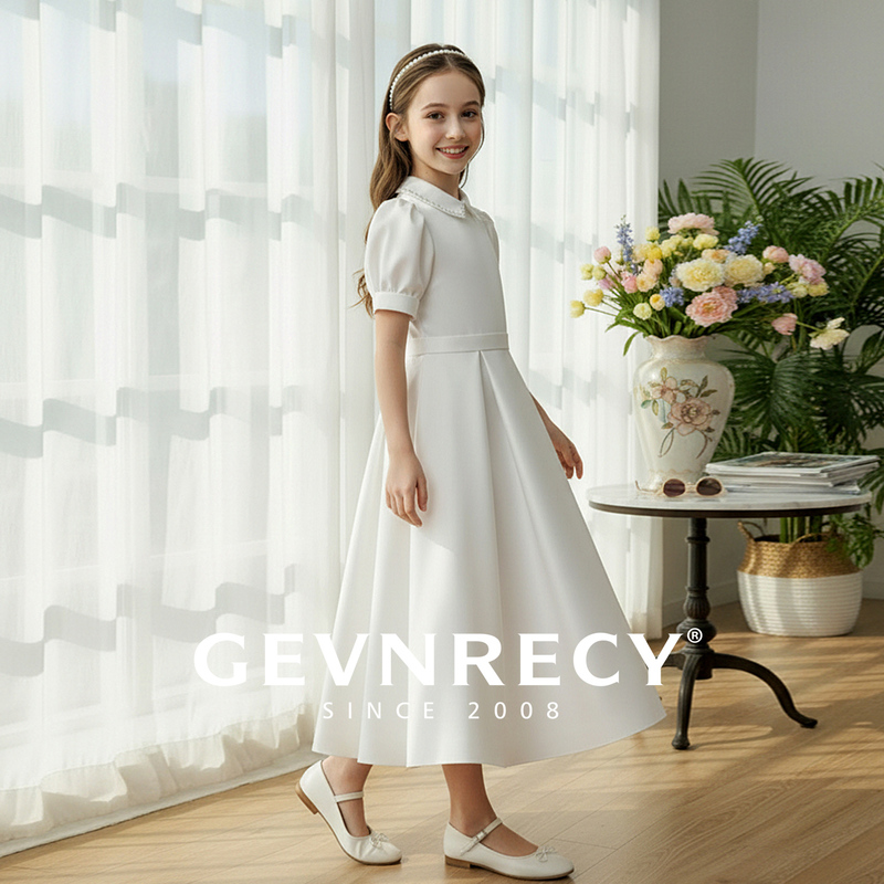 Girls' Dress 2026 New Classy White Satin Birthday Princess Dress Kidsren's Choral Piano Performance Dress