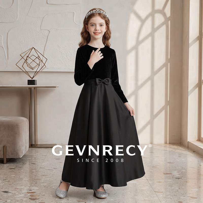 Girls' Black Dress, Classy Autumn and Winter Long Velvet Satin Hepburn Style Banquet Princess Dress, Violin Performance Dress
