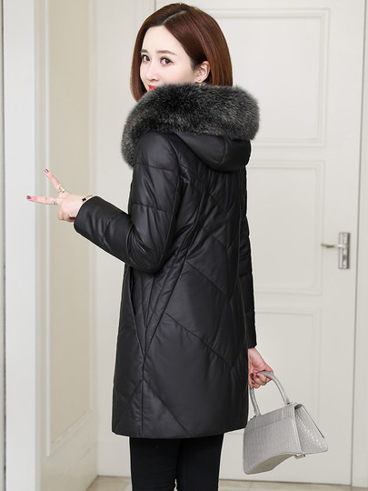 Genuine leather down jacket women's mid-length fox collar 2025 winter new sheepskin hooded thickened slim leather jacket