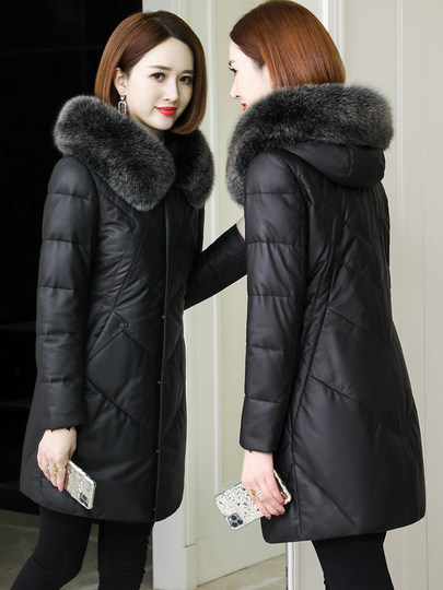 Genuine leather down jacket women's mid-length fox collar 2025 winter new sheepskin hooded thickened slim leather jacket