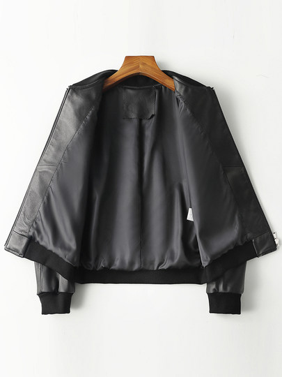 Genuine leather jacket for women, short baseball jacket, high-end first layer sheepskin small jacket, casual versatile round neck slim jacket