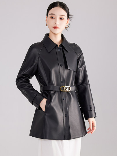 Spring and Autumn New Haining Genuine Leather Jacket for Women, Mid-Length Trench Coat with Raglan Sleeves, Sheepskin Slimming and Elegant Top Coat