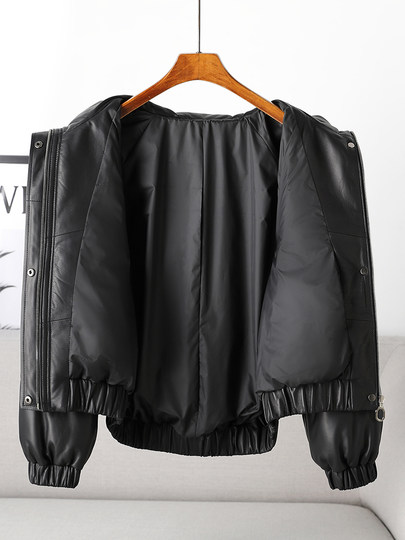 Haining goose down jacket women's leather jacket first layer sheepskin short 2025 winter new Korean style large size loose jacket