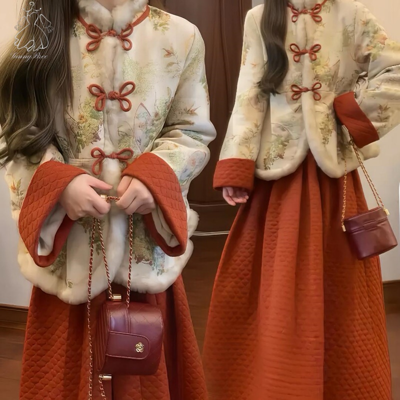 Japanese New Year Outfit, New Chinese-Style National Style Set for Women, Winter New Model, Fleece-Lined Jacket and Skirt Two-Piece Set