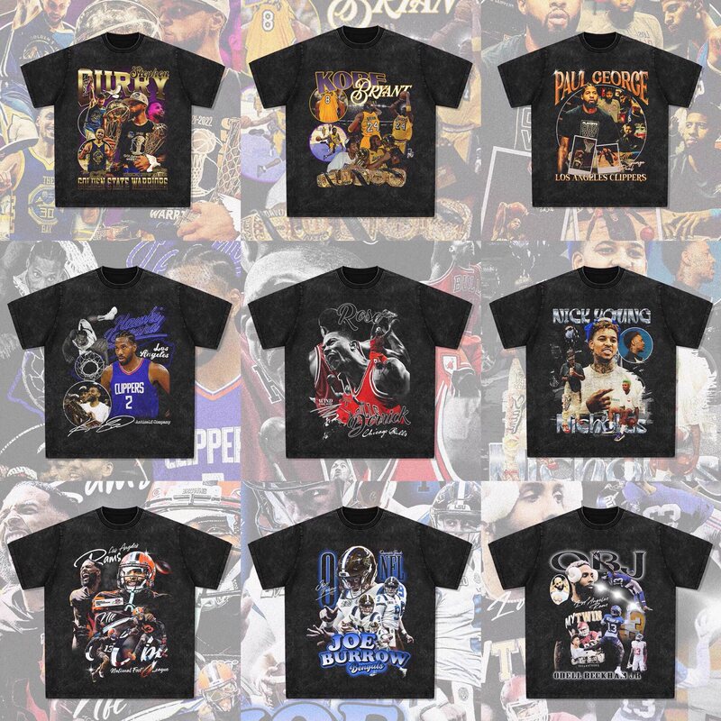 Clarkson Curry Irving James Morant American Star T-Shirt Retro Print Washed Cotton Short-Sleeved T-Shirt