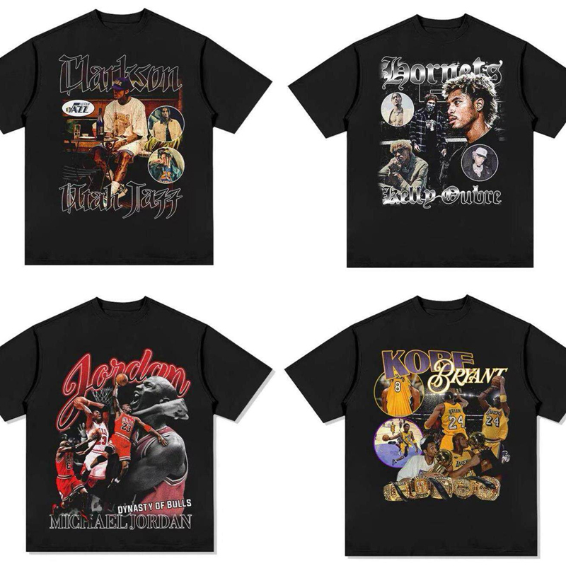 Claxton Curry Kobe Irving James Morant American Star T-Shirt Retro Print Pure Cotton Short Sleeve