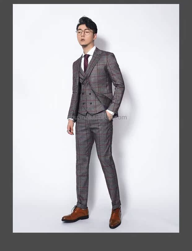 Chuan Ze retro Anh kẻ sọc phù hợp với bộ đồ nam 2018 phiên bản Hàn Quốc của bộ đồ hai mảnh Slim giản dị phù hợp với thủy triều sơ mi nam