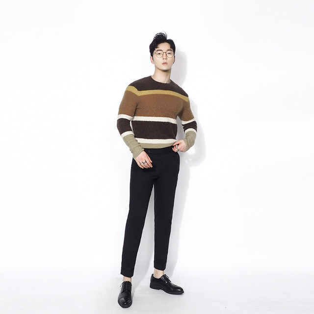 Kawazawa Autumn and Winter Fashionable British Pullover Round Neck Sweater Men's Korean Version Contrast Color Wool Blended Striped Sweater trendy