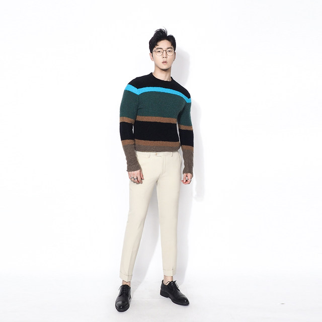 Kawazawa Autumn and Winter Fashionable British Pullover Round Neck Sweater Men's Korean Version Contrast Color Wool Blended Striped Sweater trendy