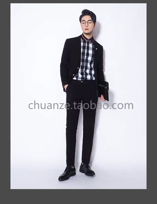 Bộ đồ vest nam Chuan Ze hai mảnh phù hợp với quần rắn màu Xiaoxi Slim Hàn Quốc phù hợp với màu đen cổ điển áo len nam