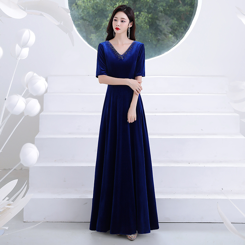 Blue Long Formal Evening Dress Short-Sleeved Choir Conductor Host Performance Runway Korean Style Elegant Socialite