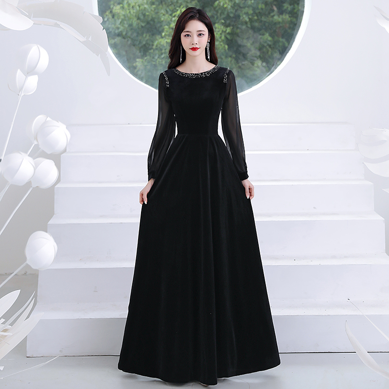 Black Long Formal Evening Dress, High-End Elegant Style, Suitable for Socialites, Talent Shows, Coming-Of-Age Ceremonies, Piano Performances, Conducting, and Hosting