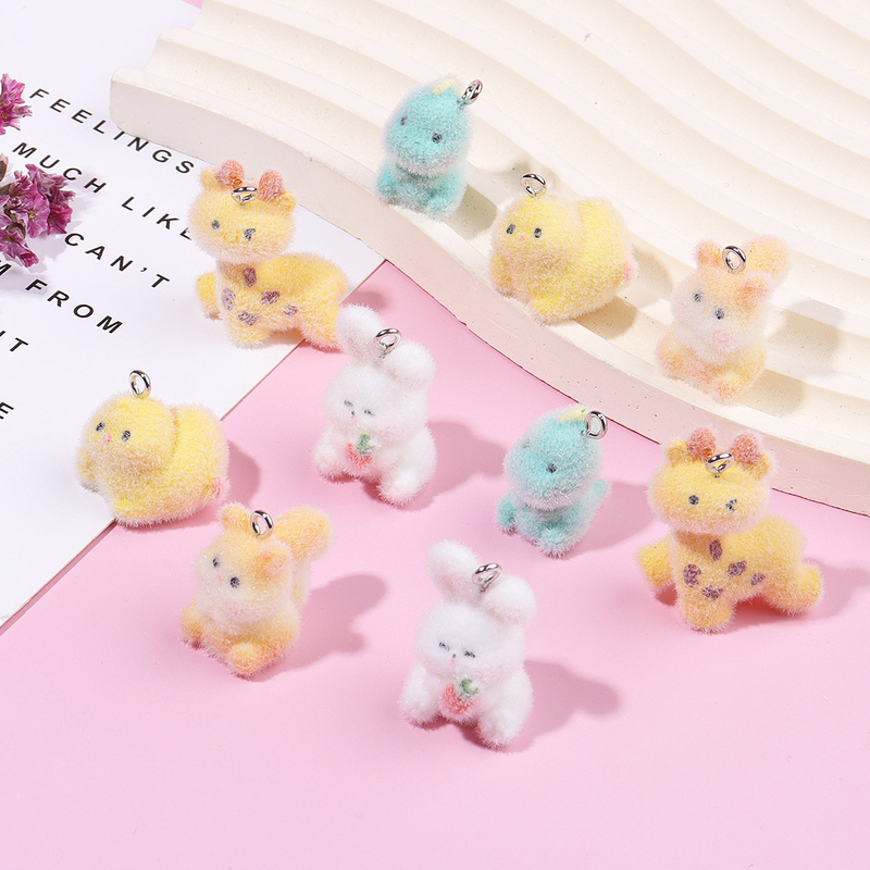 Resin Flocking Cartoon Cute Rabbit Dinosaur Squirrel Giraffe Pendant DIY Keychain Bag Charm